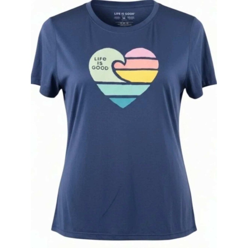 Life is Good Active Womens Medium Navy Blue Rainbow Heart Wave Graphic T-Shirt